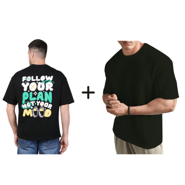 Combo T-shirts ( Follow Your Plan – Not Your Mood + Black Polyester Blend Oversized Fit Men’s T-Shirt )