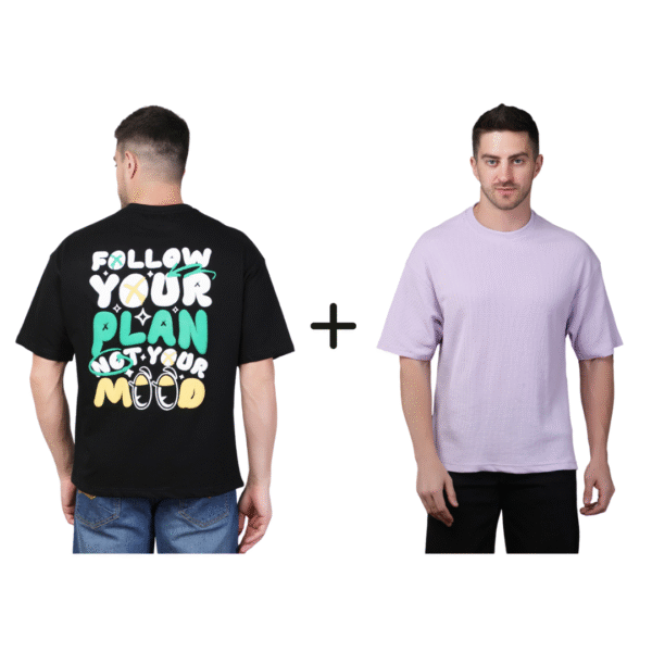Combo T-shirts ( Follow Your Plan – Not Your Mood + Lavender Polyester Blend Oversized Fit Men’s T-Shirt )